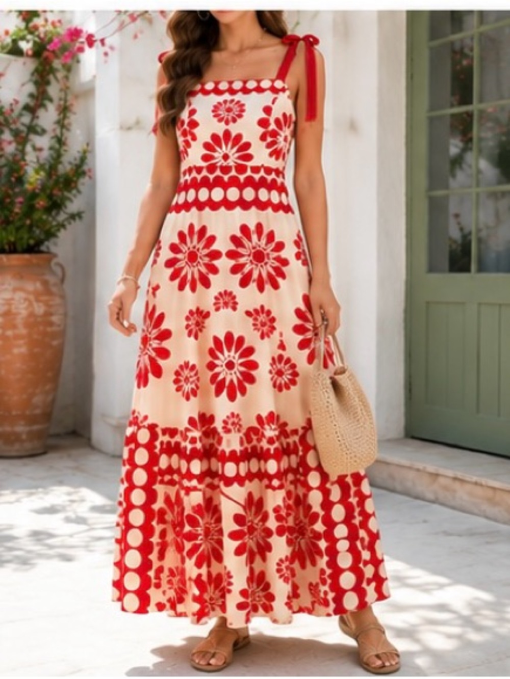 SHEIN Red & Cream Floral Tie-Shoulder Maxi Dress | Size Small